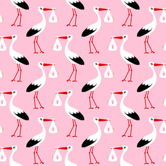 Endlosmuster Storch Mit Baby Mädchen Pink