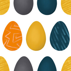 Seamless pattern of bright Easter eggs with different textures on a white background. Design for the Easter holiday. Can be used for fabric, textile, packaging, paper, scrapbooking, postcard