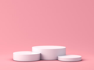 Blank white round podium pedestals or product platforms isolated on pink pastel color background with shadow minimal conceptual 3D rendering