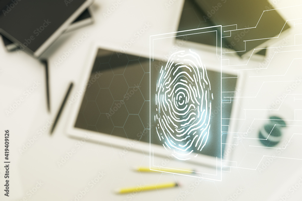 Poster multi exposure of abstract fingerprint scan interface and modern digital tablet on background, digit