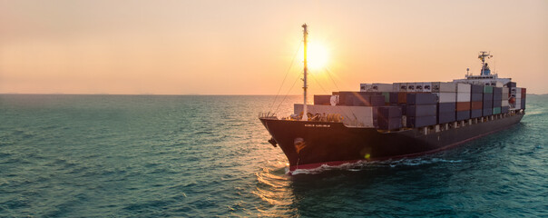 Smart cargo container  ship at sunset import export container concept freight shipping sea port.