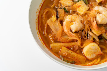 Spicy Korean-style noodle with vegetables and seafood.