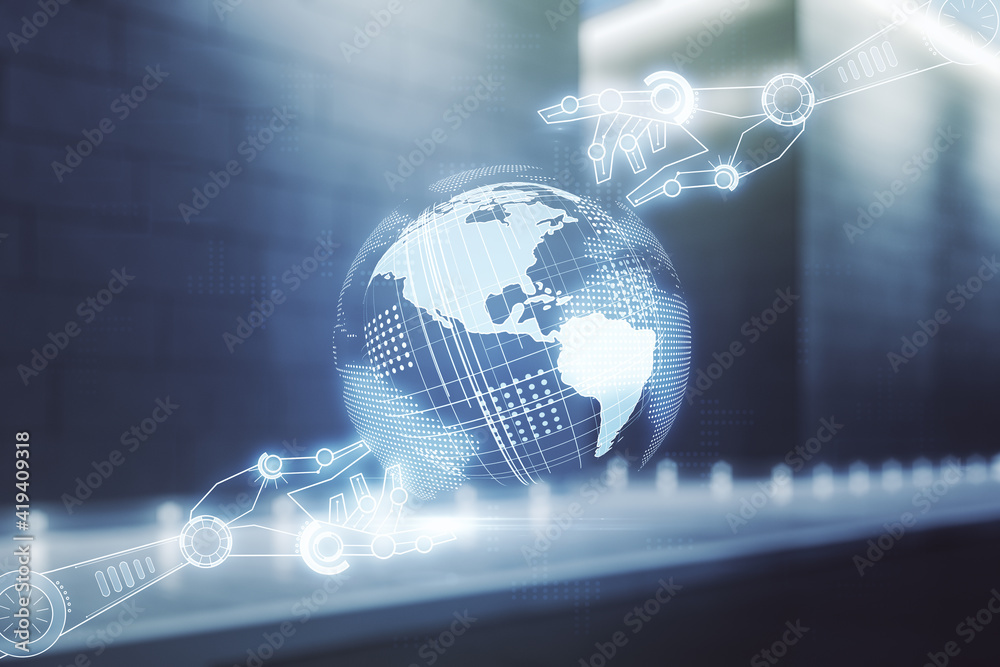 Aufkleber abstract virtual robotics technology hologram with globe on blurry contemporary office building back