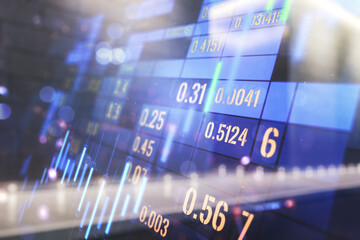 Multi exposure of virtual abstract financial diagram on contemporary business center exterior background, banking and accounting concept