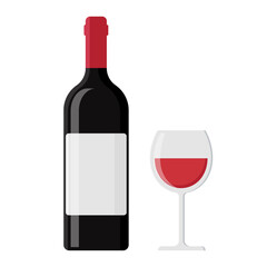 Wine bottle and glass isolated on white background. Flat vector illustration