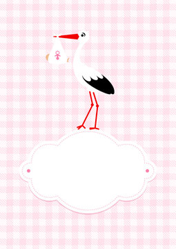 Karte Storch Auf Wolke Mit Baby Mädchen Karo Pink