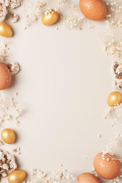 Easter eggs with flowers on pastel beige background. Flat lay, copy space.
