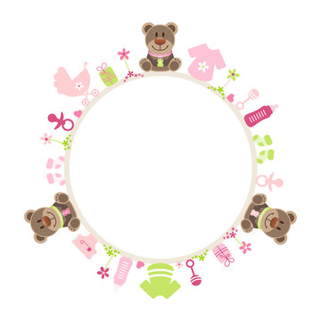 Runder Rahmen 3 Teddys Babysymbole Mädchen Pink Grün