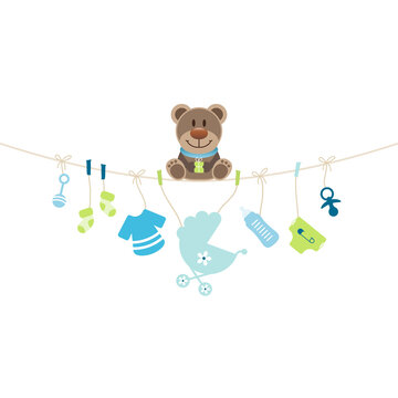 Brauner Teddy & Hängende Babysymbole Junge Blau Grün