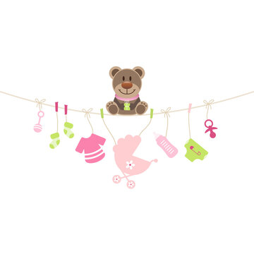 Brauner Teddy & Hängende Babysymbole Mädchen Pink Grün