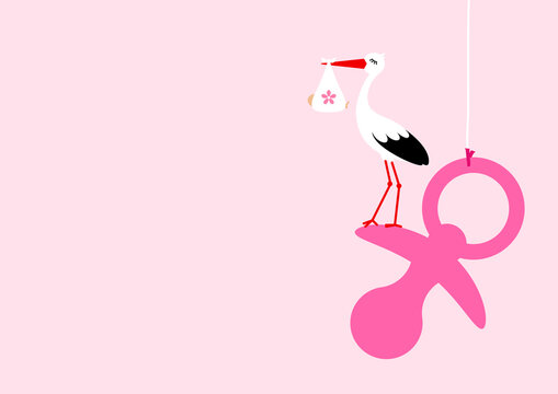 Storch Mit Baby Mädchen Auf Rechts Hängendem Schnuller Pink
