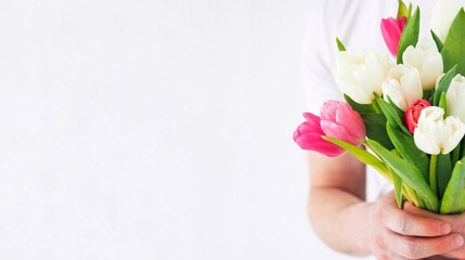 Hand of the man holding beautiful bouquet of tulips. Love and Relationship. Celebrating anniversary, Valentine's Day, Women's Day, Mother's Day, Wedding. Flowers to Minimalistic concept. Copy space