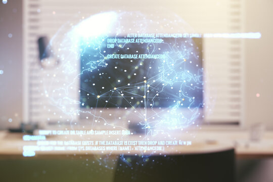 Abstract creative coding concept with world map on modern laptop background. Multiexposure - Powered by Adobe