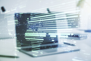 Double exposure of abstract digital world map on computer background, big data and blockchain concept