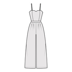 Cami jumpsuit overall technical fashion illustration with full length, normal waist, double pleats, strap, fitted body. Flat apparel front, grey color style. Women, men unisex CAD mockup