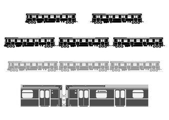 Subway cars silhouettes. Each silhouette consists of two light and dark colour shapes. Side view. Flat vector.