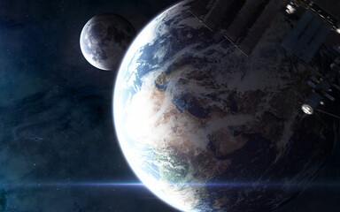 Earth and moon in blue light. Space station is blurred in motion. Solar system. 3D render. Science fiction. Elements of this image furnished by NASA