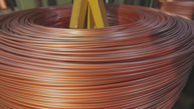 Copper cable manufacturing close-up. Copper cable, a coil of copper cable.