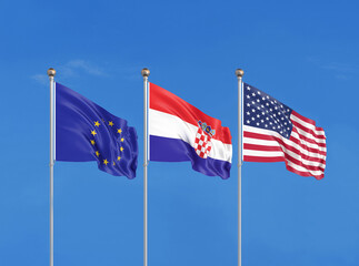 Three flags. USA (United States of America), EU (European Union) and Croatia. 3D illustration.
