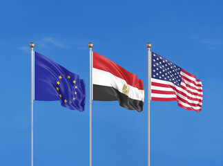 Three flags. USA (United States of America), EU (European Union) and Egypt. 3D illustration.