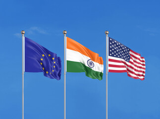 Three flags. USA (United States of America), EU (European Union) and India. 3D illustration.