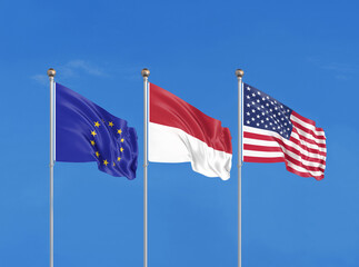 Three flags. USA (United States of America), EU (European Union) and Indonesia. 3D illustration.