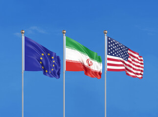Three flags. USA (United States of America), EU (European Union) and Iran. 3D illustration.