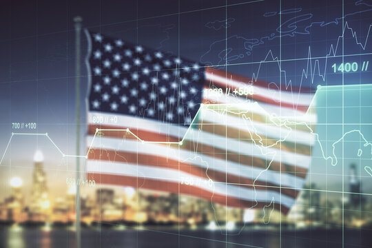 Multi exposure of abstract virtual graphic data spreadsheet sketch on US flag and skyline background, analytics and analysis concept - Powered by Adobe