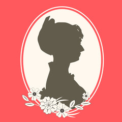  Woman silhouette in vintage style with flowers on a pink background 