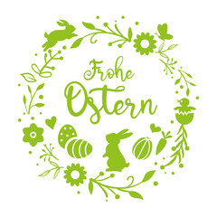 Osterkranz mit Blumen, Ostereiern und Osterhasen - Frohe Ostern - Grußkarte mit Dekor