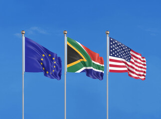 Three flags. USA (United States of America), EU (European Union) and South Africa. 3D illustration.