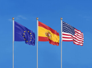 Three flags. USA (United States of America), EU (European Union) and Spain. 3D illustration.