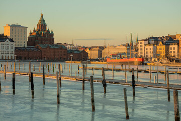 Finland, Helsinki, March 3, 2021.     Dawn, Spring panorama of Helsinki, view of the Katajanokka...