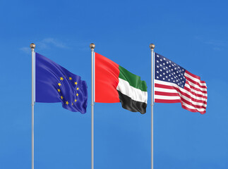 Three flags. USA (United States of America), EU (European Union) and United Arab Emirates. 3D illustration.