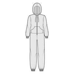 Onesie overall jumpsuit sleepwear technical fashion illustration with full length, oversized, hood, zipper closure, kangaroo pouch. Flat Dungaree front, grey color style. Women, men unisex CAD mockup