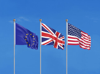 Three flags. USA (United States of America), EU (European Union) and United Kingdom. 3D illustration.