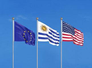 Three flags. USA (United States of America), EU (European Union) and Uruguay. 3D illustration.