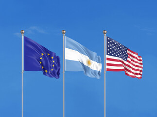Three flags. USA (United States of America), EU (European Union) and Argentina. 3D illustration.