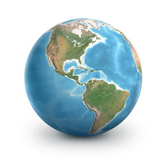 Planet Earth globe, isolated on white. Geography of the world from space, focused on North and South America - 3D illustration, elements of this image furnished by NASA.