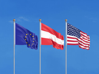 Three flags. USA (United States of America), EU (European Union) and Austria. 3D illustration.