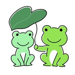 葉っぱの傘をさす2匹のカエル　相合傘