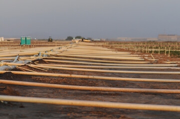 Fototapeta na wymiar Pipe water distribution system in farmland