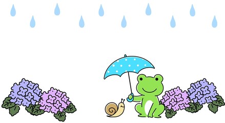 傘をさすカエルとカタツムリと紫陽花