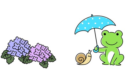 傘をさすカエルとカタツムリと紫陽花