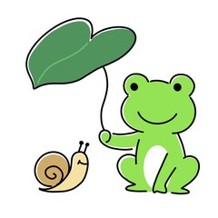 葉っぱの傘をさすカエルとカタツムリ　相合傘