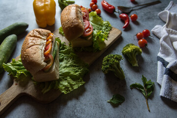 Vegetable ingredients in sandwich on lettuce leaves with condiments and ingredients