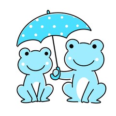 傘をさす2匹のカエル　相合傘