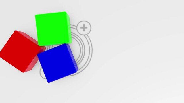 3d animation, three cubes sliding on white background with symbol of magnetic field