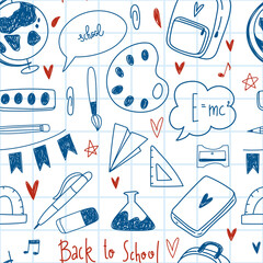 Back to school seamless vector pattern for textile fabric design, wrapping paper and website wallpapers. Funny seamless pattern with school supplies and creative elements. Pen sketch background.