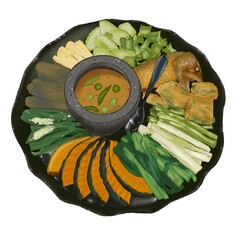 Thai food set with shrimp paste served in a mini mortar  And many kinds of boiled vegetables